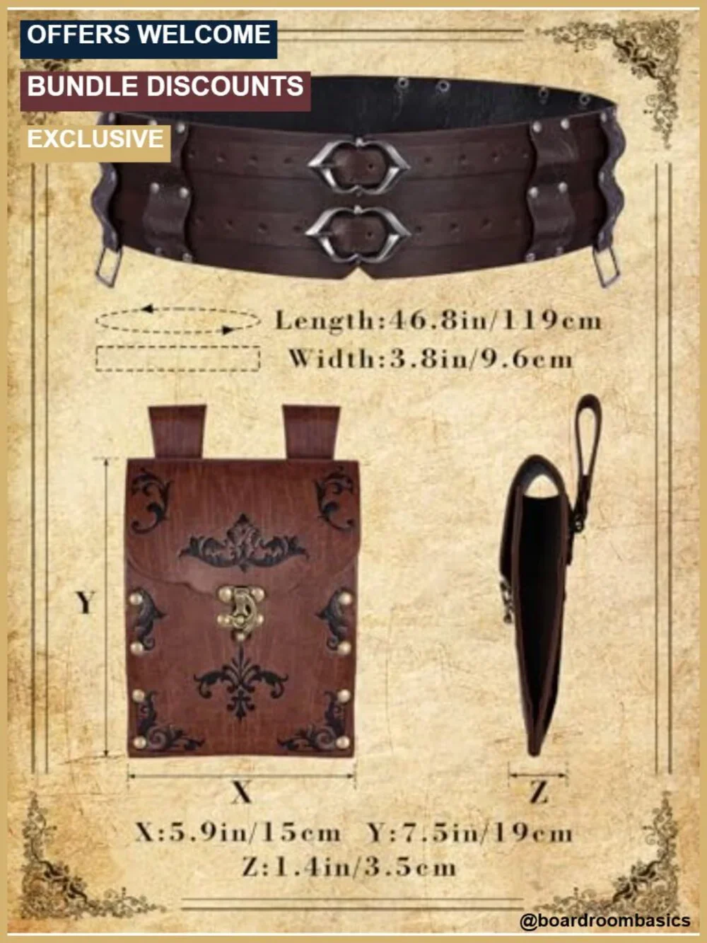 Medieval Renaissance Wide Belt Set with Detachable Potion Bottle